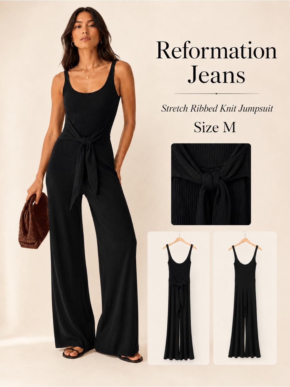 Reformation‎ Black Ribbed Wide-Leg Jumpsuit with Tie Waist